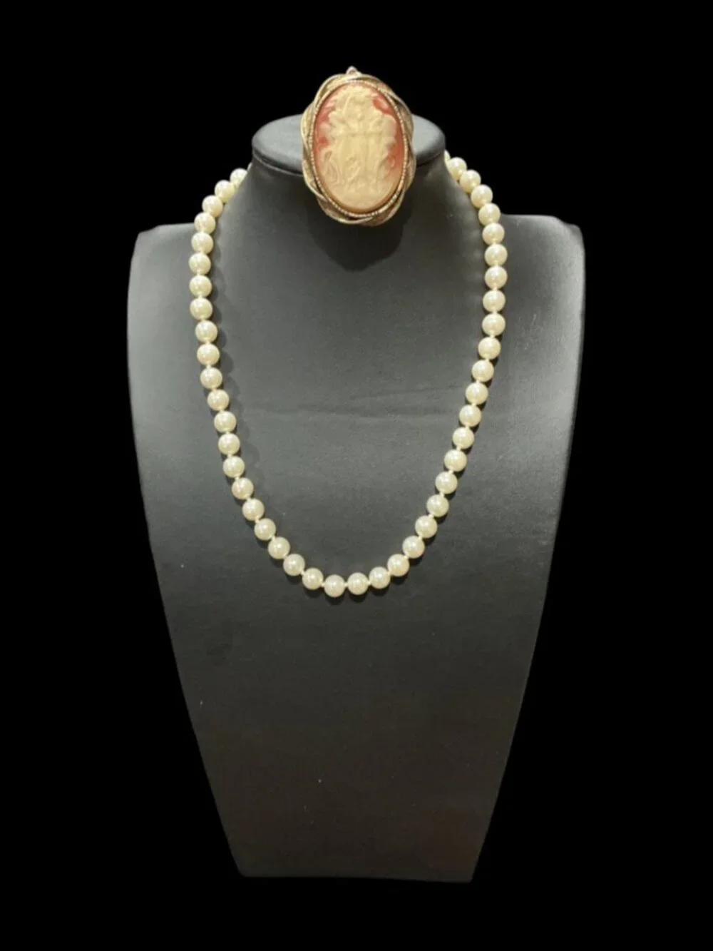 Vintage Glass Pearl Necklace Cameo Brooch Pendant Lot Gold Tone Costume Jewelry